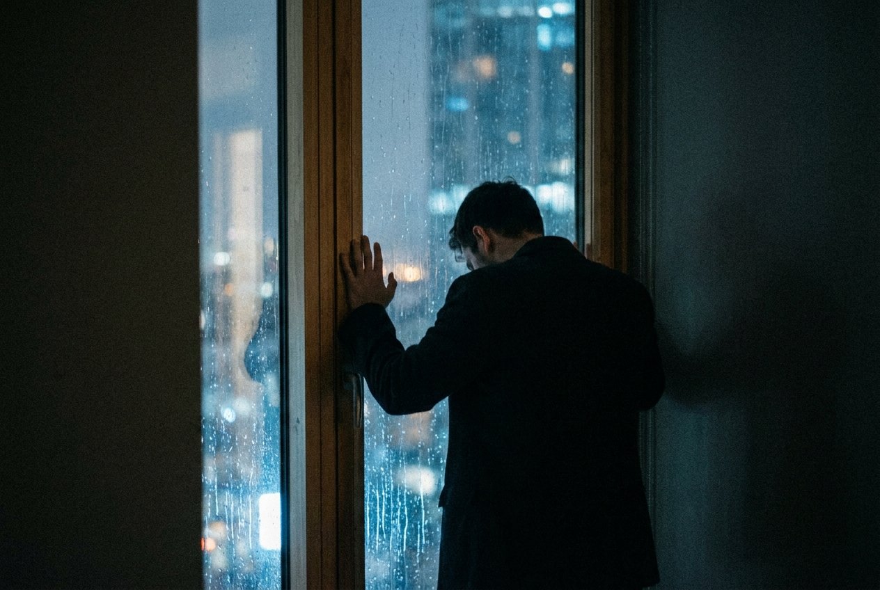 A man alone at a rain-streaked window at night.