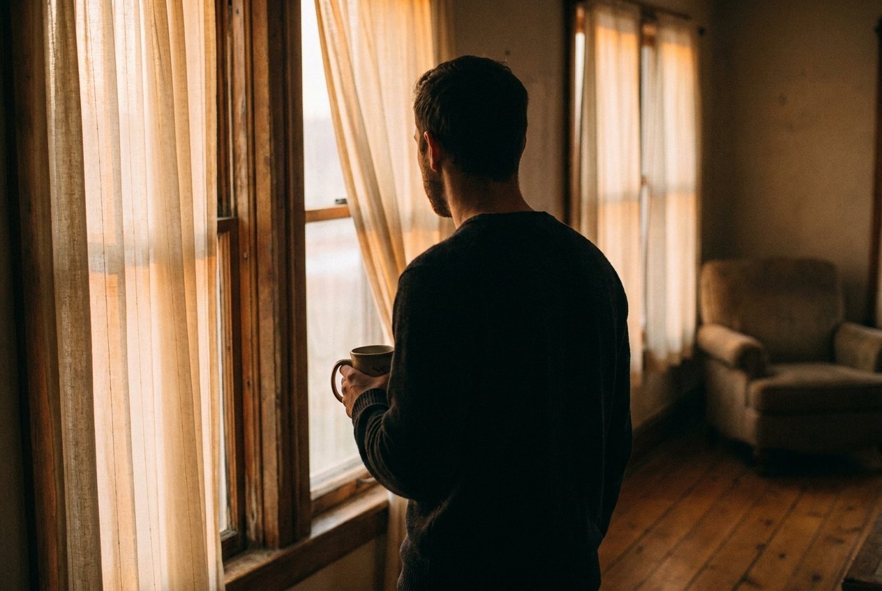 A man standing at a window in soft morning light, holding a coffee.