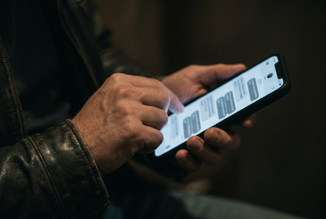 A man's hands typing rapidly on a phone in the dark.