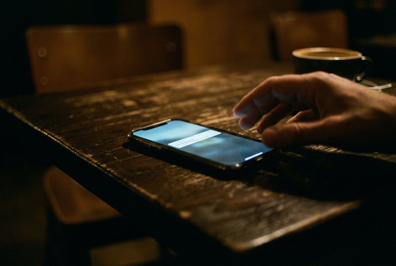 A phone glowing with an unread message on a dark table at night.