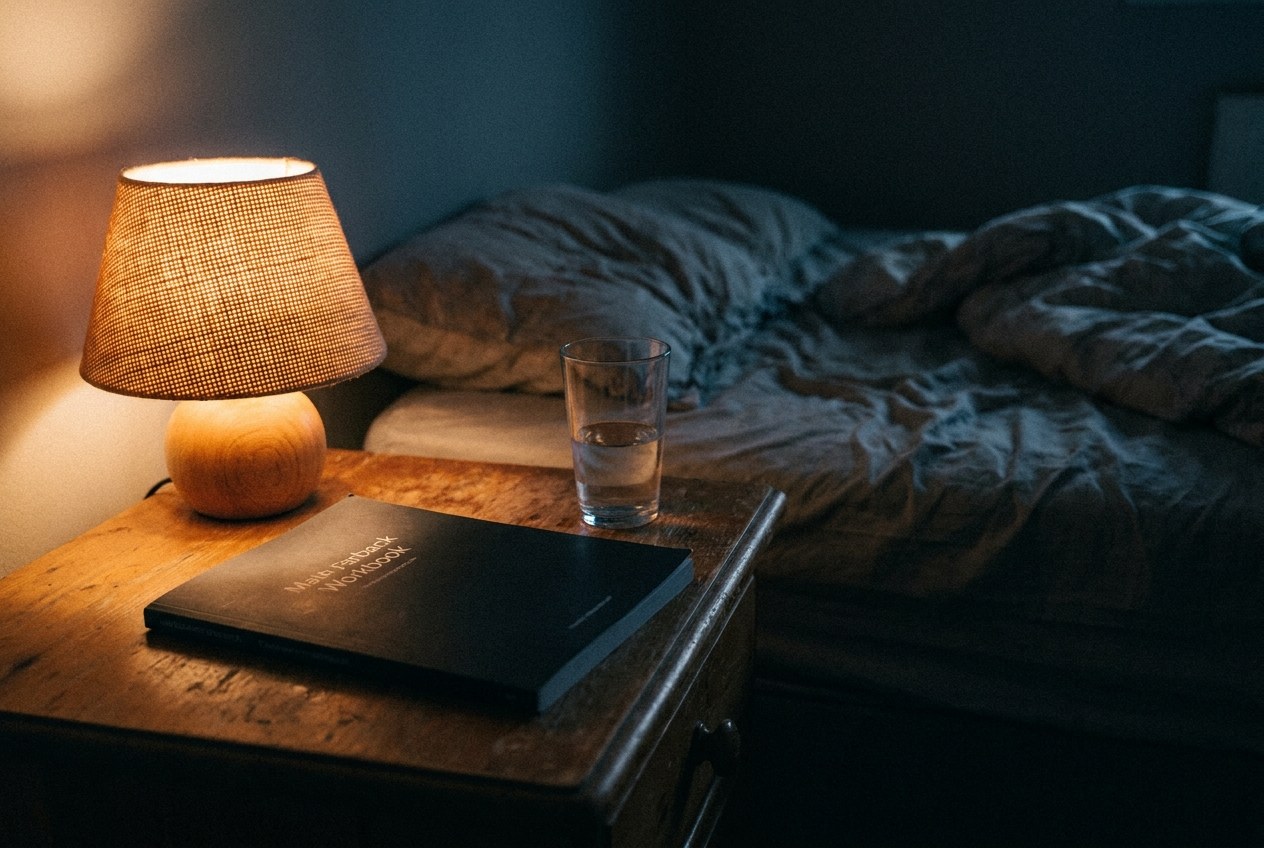 The workbook on a nightstand at night, beside a lamp and a glass of water.