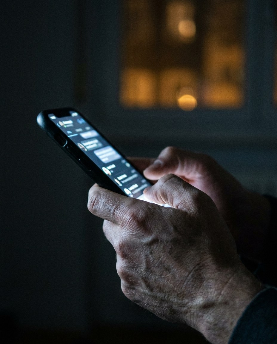 A man's hands gripping a phone in the dark, screen glow on his fingers.