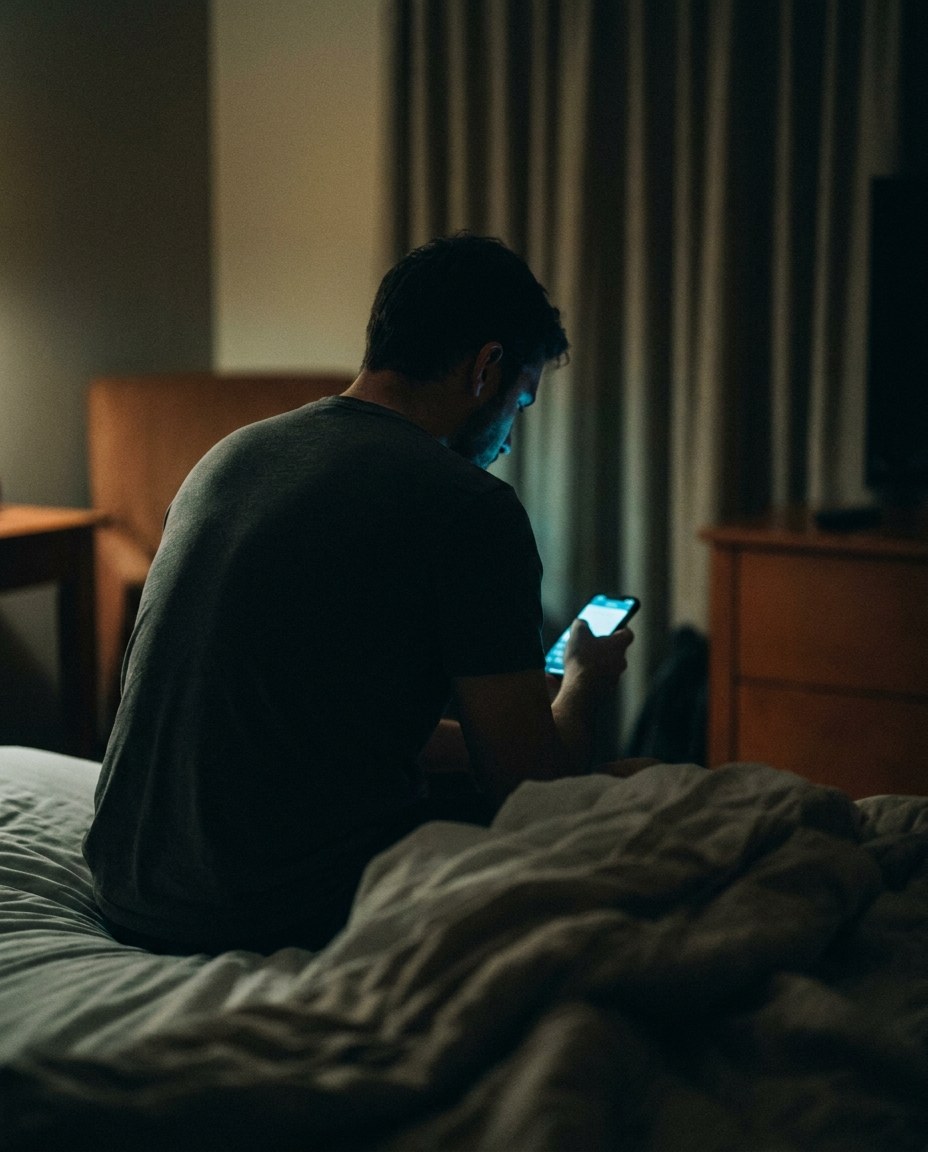 A man sitting alone on the edge of a bed at night, lit by his phone.